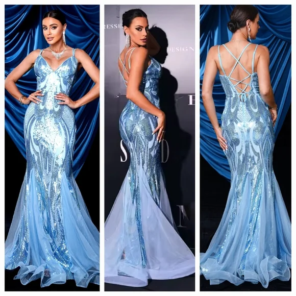 Blue, Graphic,  V Neck, Sleeveless,  Case Up Back, Sequined Mermaid Gown - Picture 2 of 16